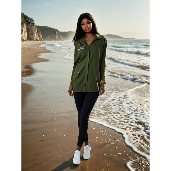 Hayden Army‎ Green Boho Relaxed Bomber Longline Jacket Patches Tiger Graphic S - Picture 1 of 7